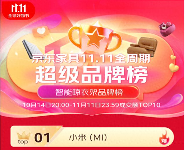 米家智能晾衣机双11京东成交额TOP1马竞合作伙伴6大单品上榜 包揽金榜前三